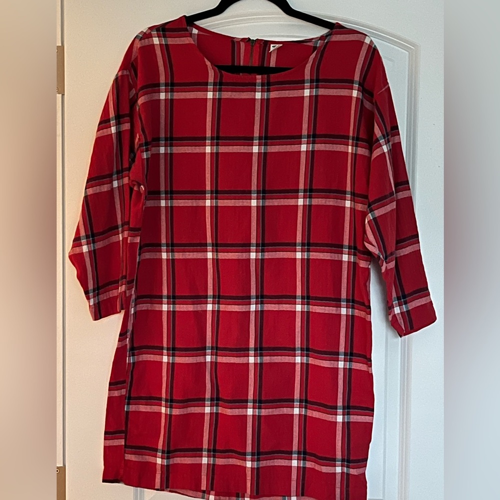 Old Navy Red Plaid Shirt Dress Shift Knee Length 3/4 Sleeve Sz Small